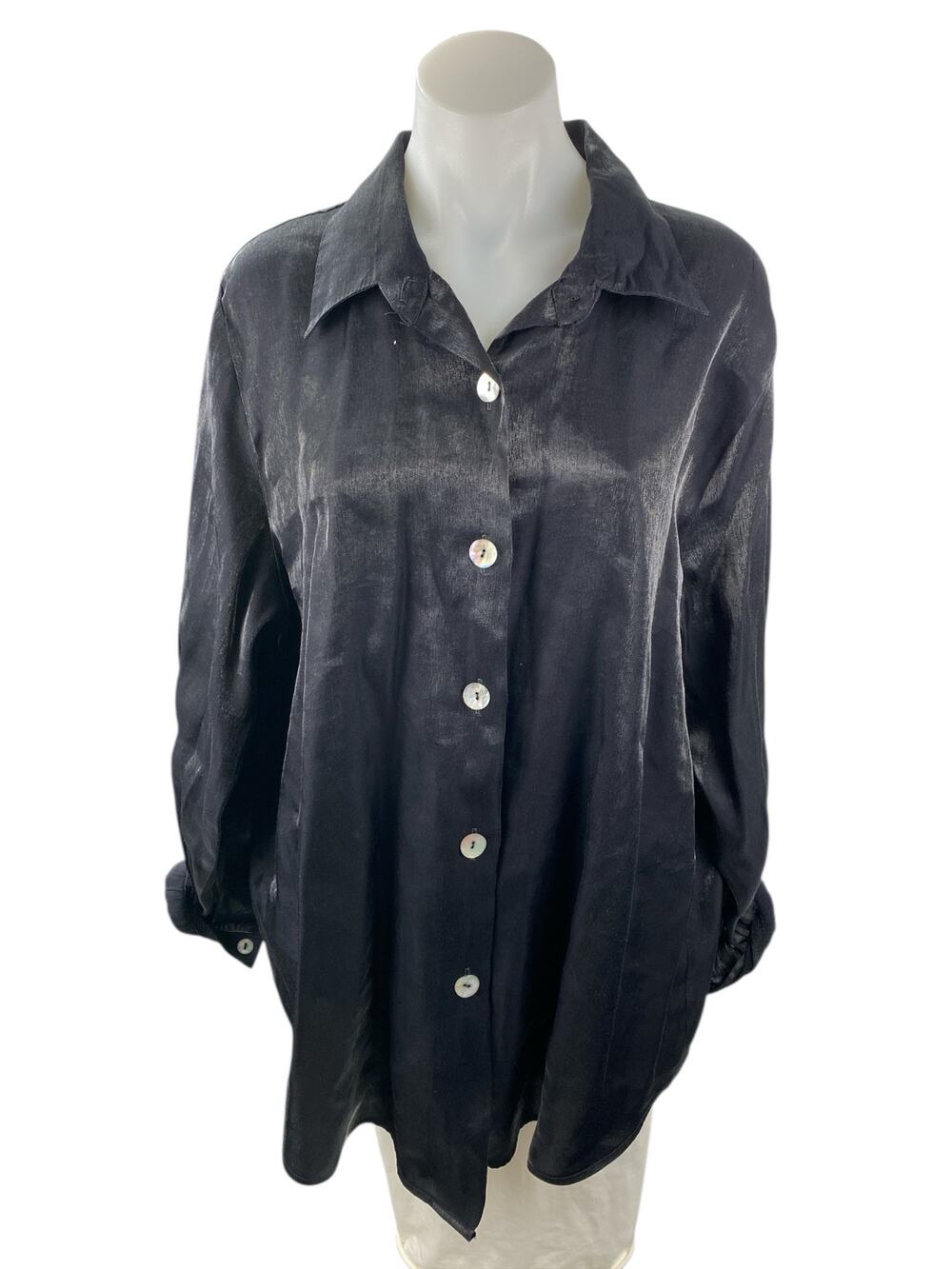 Expose Women's Black Acid Wash Satin Long Sleeve Button Down Shirt Top Size M
